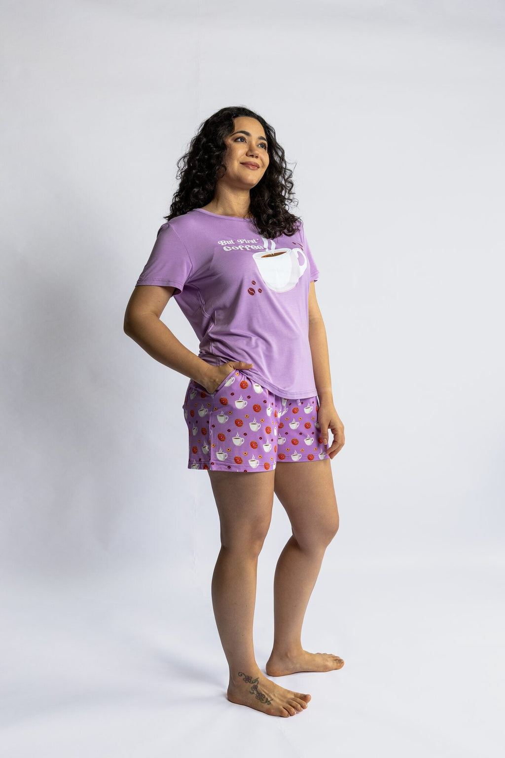 Woman wearing the Rest Day PJ But First Coffee lilac pyjama set, full set on model