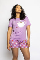 Woman wearing the Rest Day PJ But First Coffee lilac pyjama set, full set on model