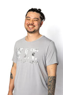 Man wearing the Rest Day PJ F.I.T. grey pyjama t-shirt and shorts set, close-up of the F.I.T. print tee