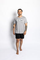 Man wearing the Rest Day PJ F.I.T. grey pyjama t-shirt and shorts set, front view